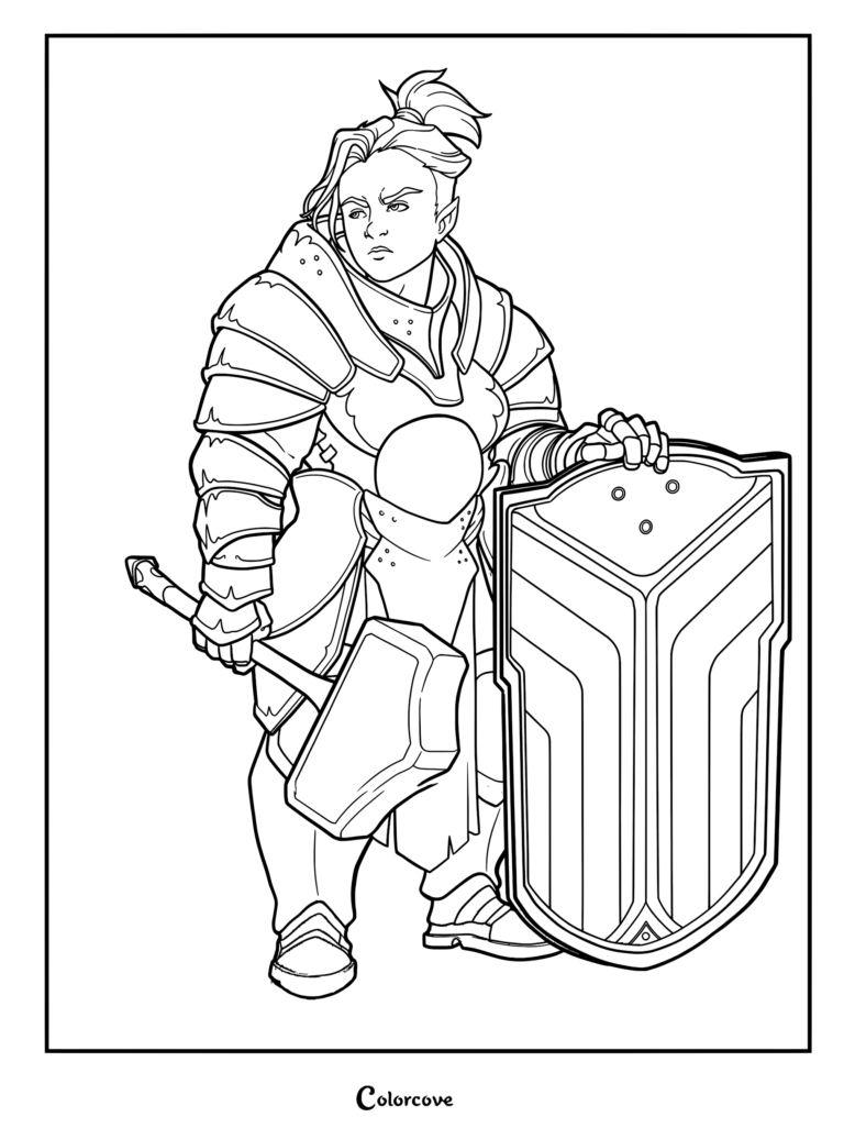 A coloring page of a female dwarf warrior with an undercut ponytail wearing plate armor, holding a large war hammer and a tall shield.