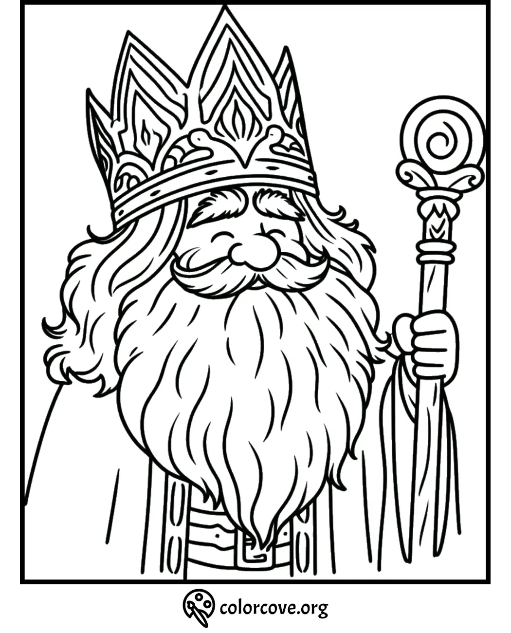 Coloring page featuring a bearded king with a crown and scepter, his eyes closed in a serene expression, by colorcove.org.