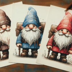 Three cute gnome coloring pages with a variety of colored pencils on a wooden table, featuring brown, blue, and red attire.