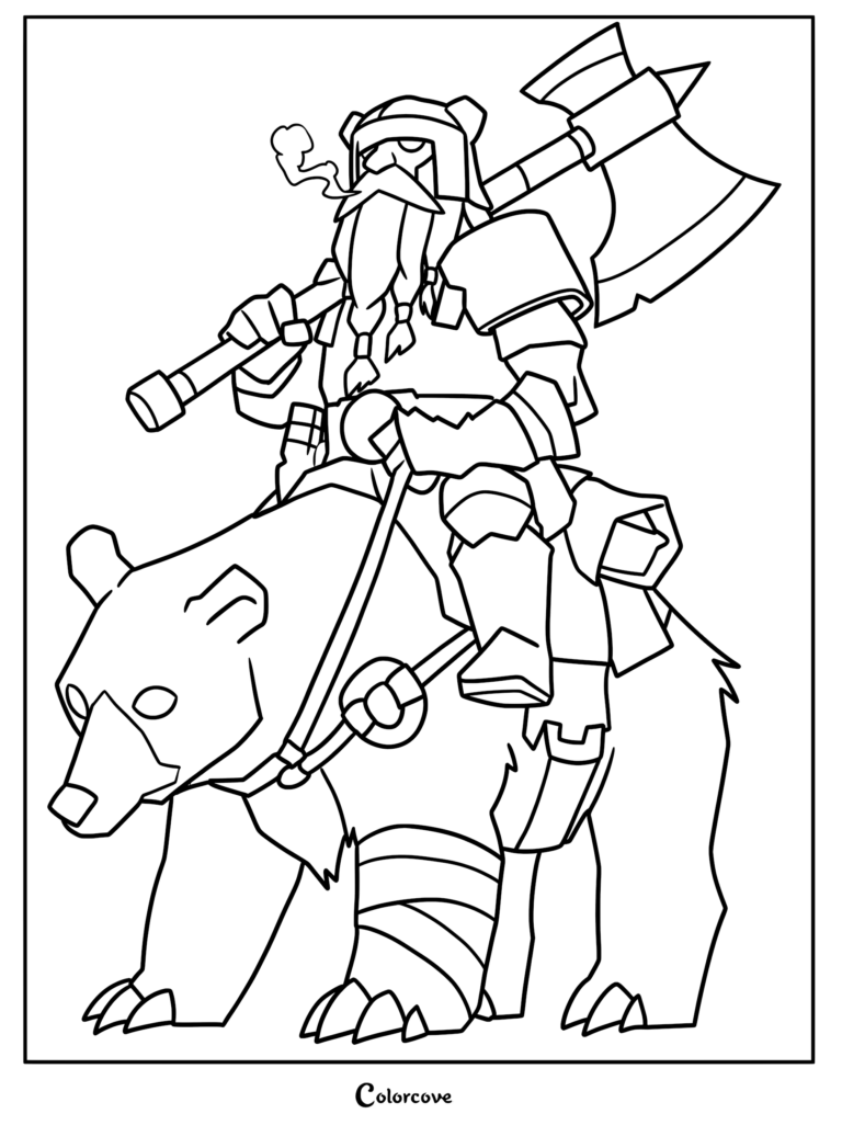 Dwarf warrior with a braided beard and horned helmet riding a bear while carrying a large battle axe in this printable coloring page.