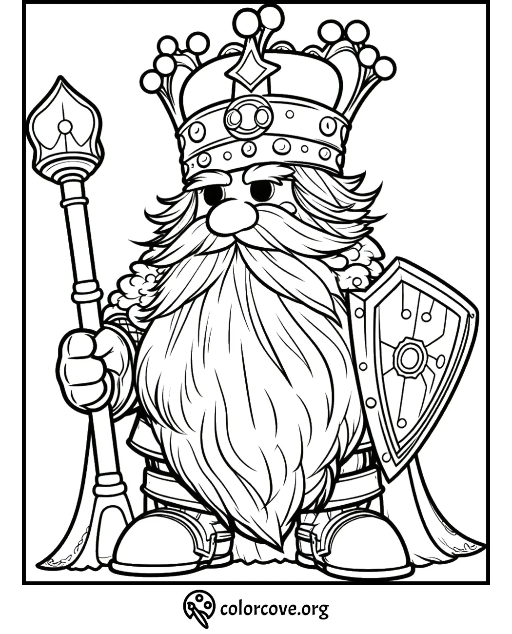 Coloring page of a cartoon king with a crown, holding a staff and shield. | ColorCove.org coloring activity.