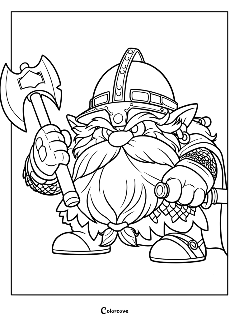 A coloring page featuring a stout dwarf warrior wearing a metal helmet and chainmail armor, holding a large double-bladed battle axe.