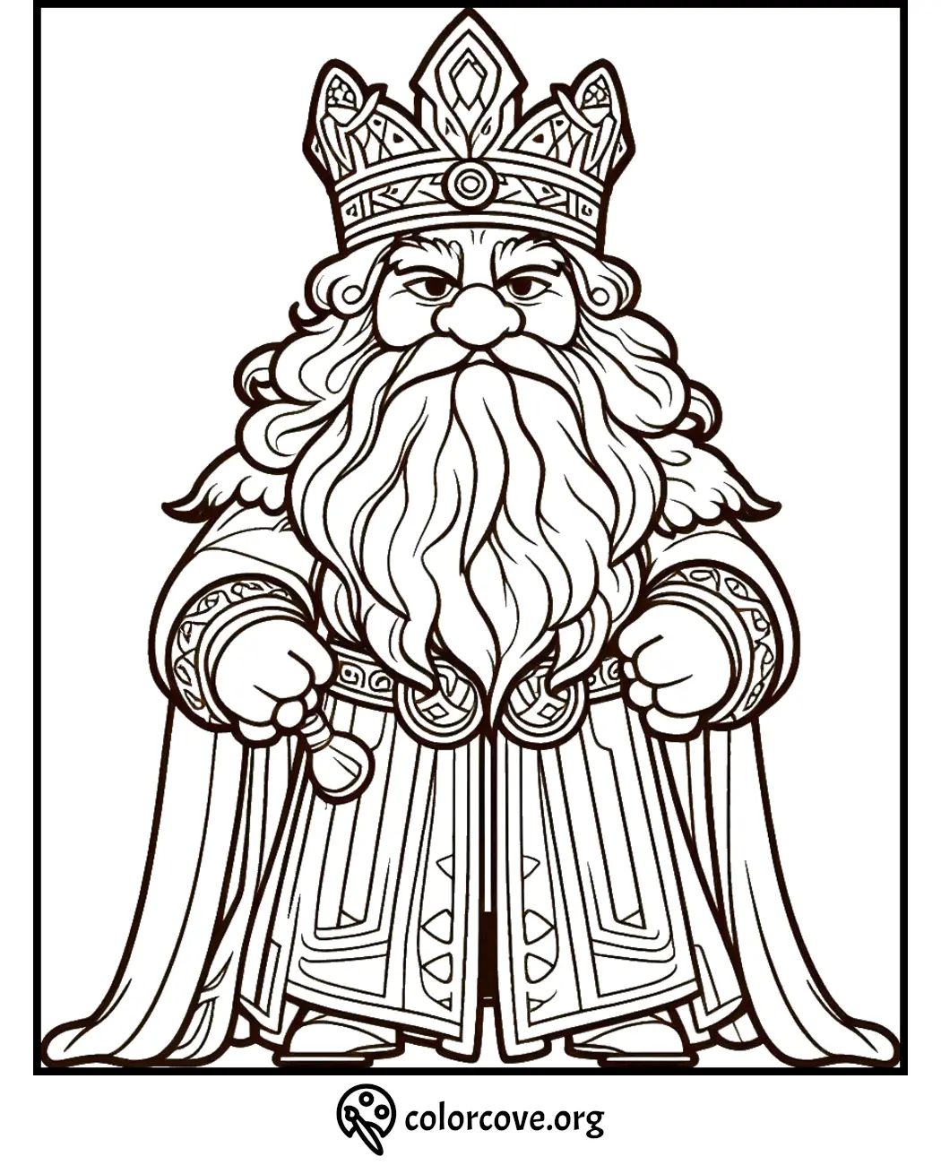 Coloring page of a bearded king with a crown and royal robes, perfect for kids' coloring activities and creative fun.