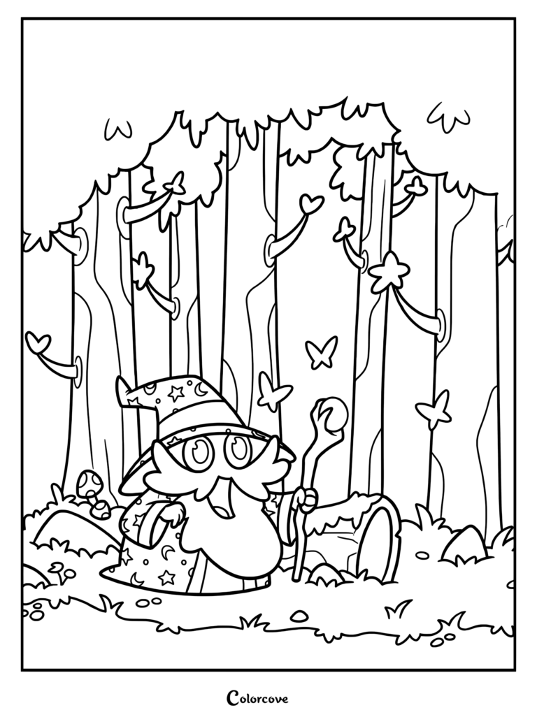 A cute wizard dwarf wearing a star-patterned hat and robe holding a staff in a forest coloring page.