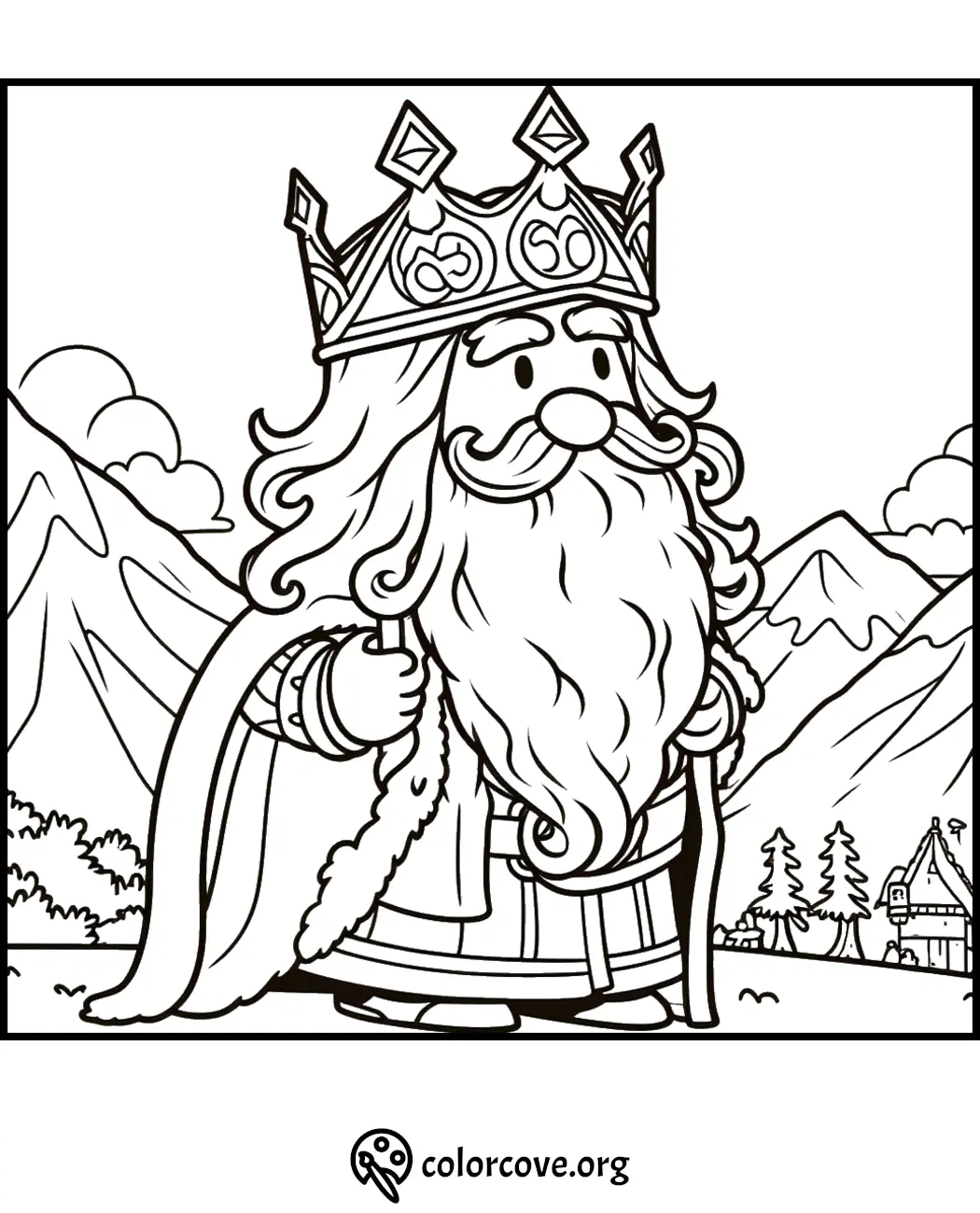 King coloring page featuring a bearded king with a crown, standing in front of mountains and a castle. Image by colorcove.org.