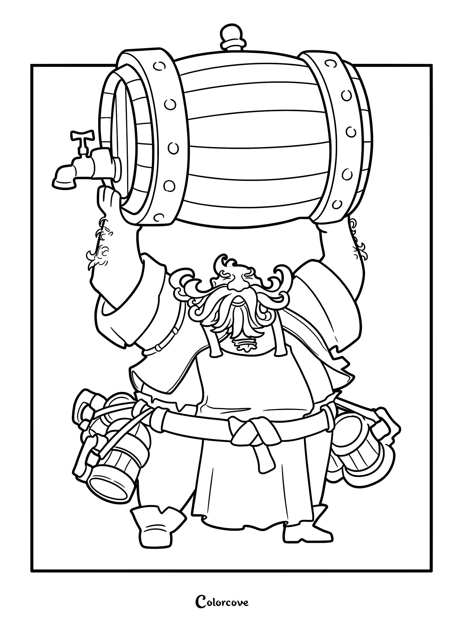 A bearded dwarf wearing an apron and carrying a large wooden beer barrel above his head, printable coloring page.