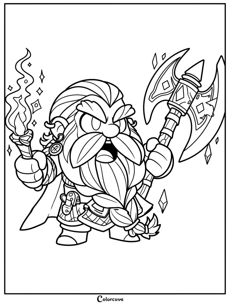 A chibi dwarf warrior holding a flaming torch and a double-bladed battle axe in this printable coloring page.