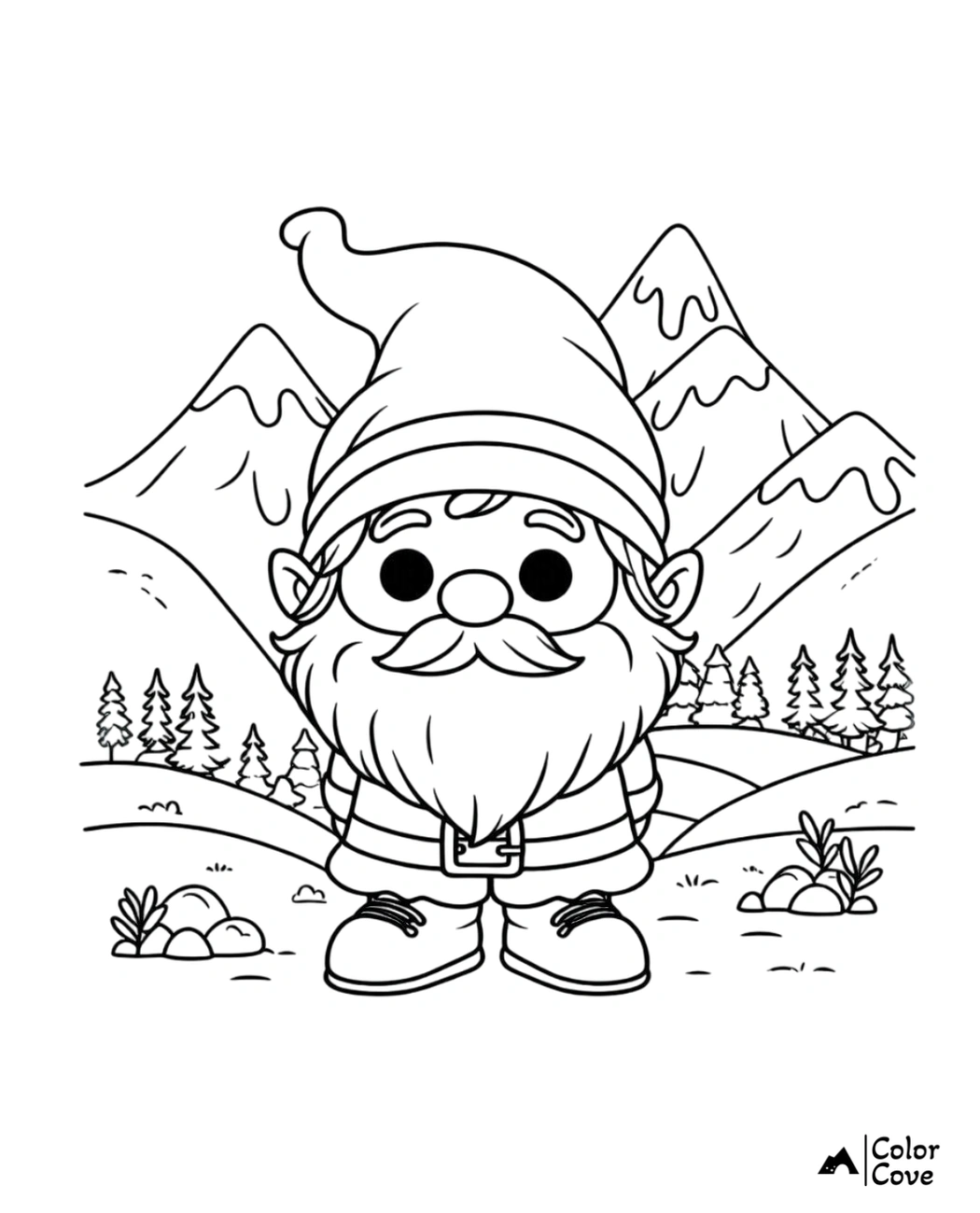 Gnome coloring page for kids featuring a cute gnome in a mountain landscape with trees. Free printable coloring sheet.