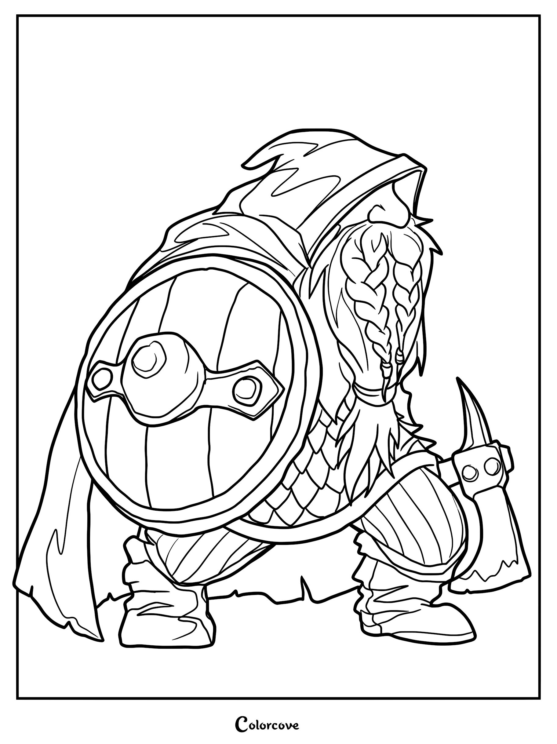 Dwarf warrior coloring page featuring a bearded fighter in a hooded cloak holding a round wooden shield and a battle axe.