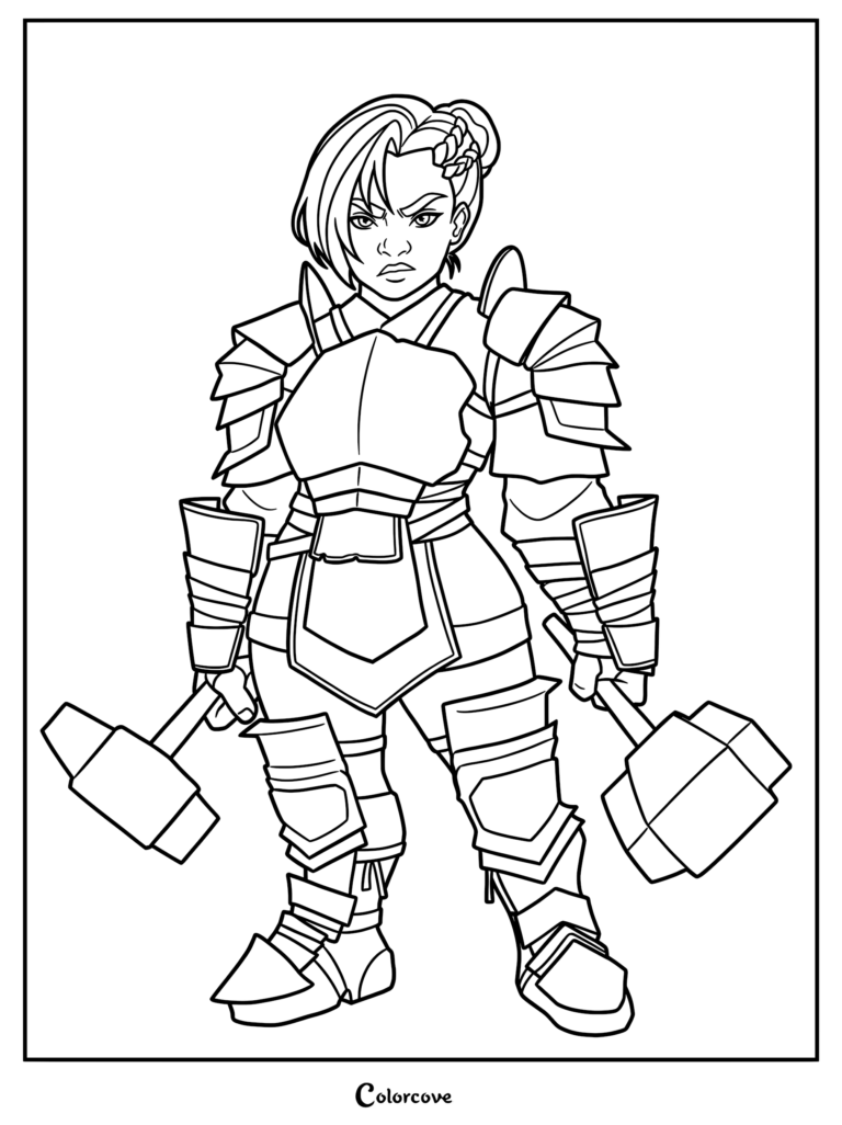 A fierce female dwarf warrior wearing heavy plate armor and holding two large war hammers in this printable coloring page.