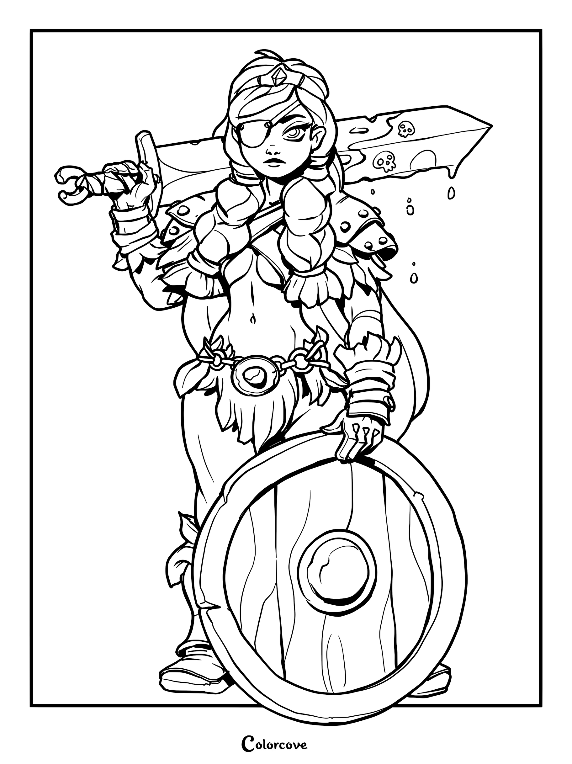 Line art coloring page of a female dwarf warrior wearing an eyepatch, holding a large skull-engraved greatsword on her shoulder and a round wooden shield.