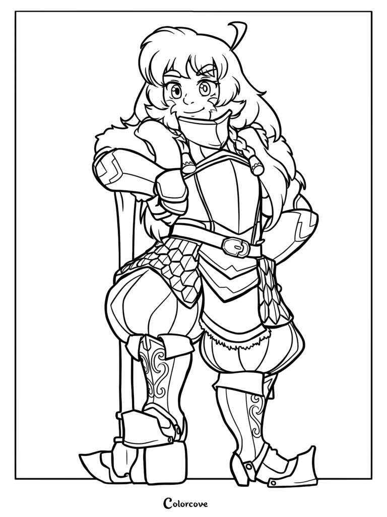 A female dwarf warrior with long hair wearing plate armor and fur trim, leaning on a large battle axe in this detailed coloring page.