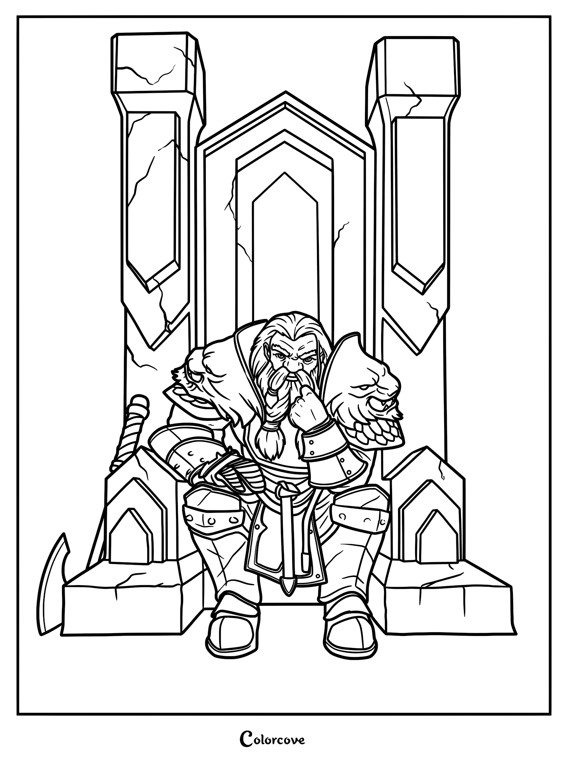 A stoic dwarf king with a braided beard sitting on a cracked stone throne, wearing ornate armor and fur pauldrons, in this detailed line art coloring page.
