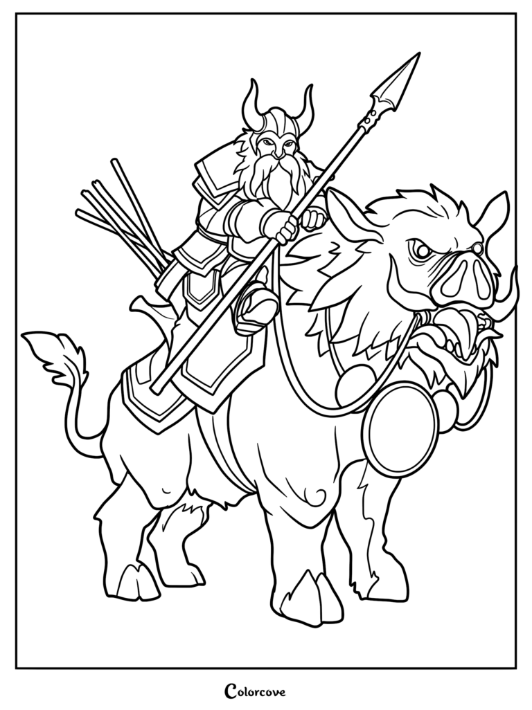 A coloring page featuring a bearded dwarf warrior in horned helmet and armor riding a fierce war boar while holding a spear.