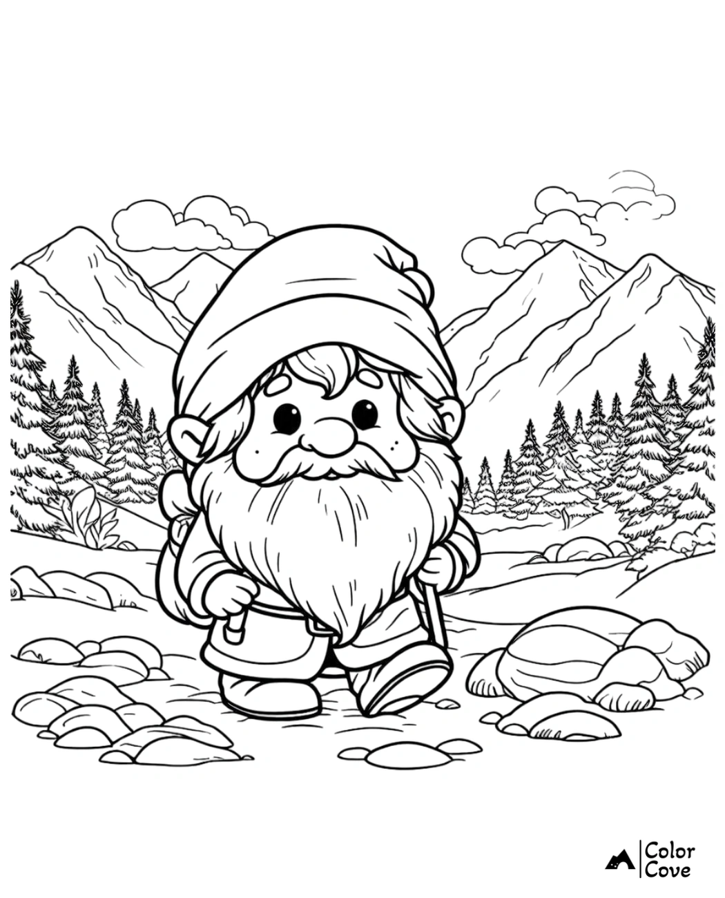 Gnome coloring page: Cute bearded gnome hiking in a scenic mountain landscape with trees and clouds. Kid-friendly coloring book.