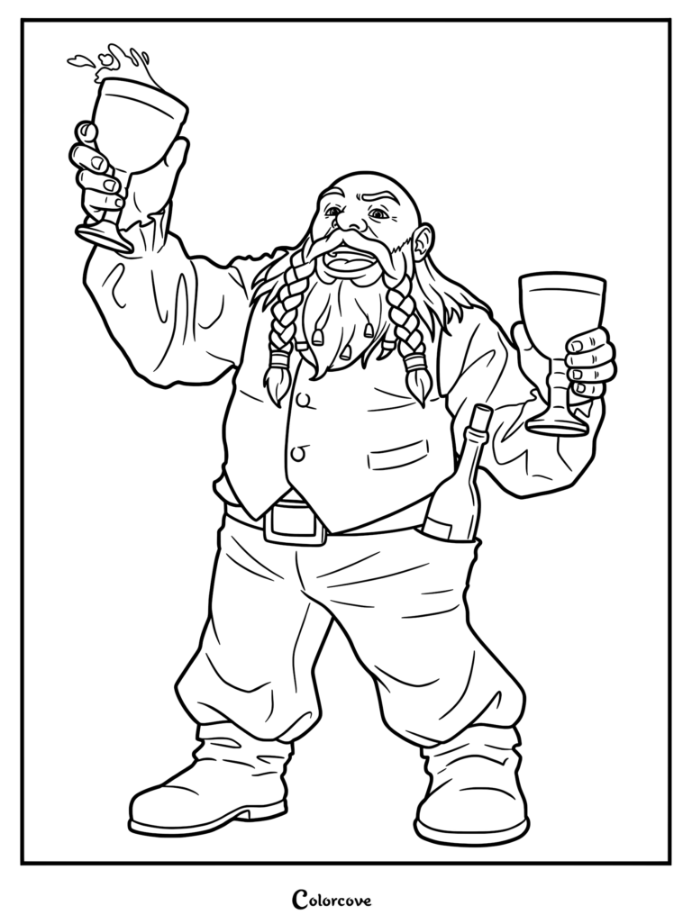 A cheerful dwarf with braided beard holding two goblets and a bottle in his pocket, printable coloring page.