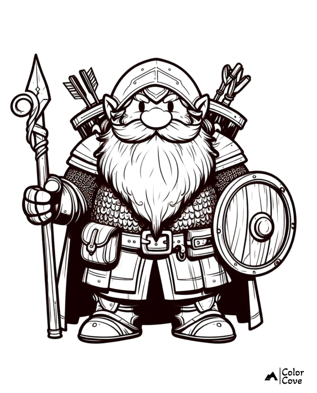 Detailed fantasy warrior dwarf coloring page with armor, shield, spear, and arrows. Perfect for kids and adults.