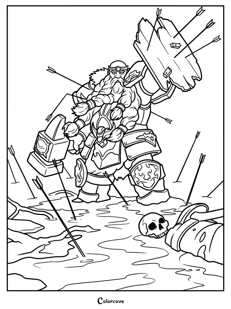 A battle-worn dwarf warrior holding a damaged shield pierced by arrows on a muddy battlefield, printable coloring page.