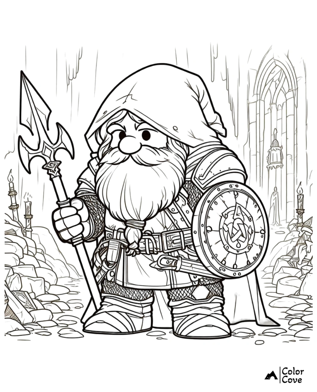 Medieval dwarf warrior coloring page with axe and shield in a castle. Detailed fantasy character line art for kids.