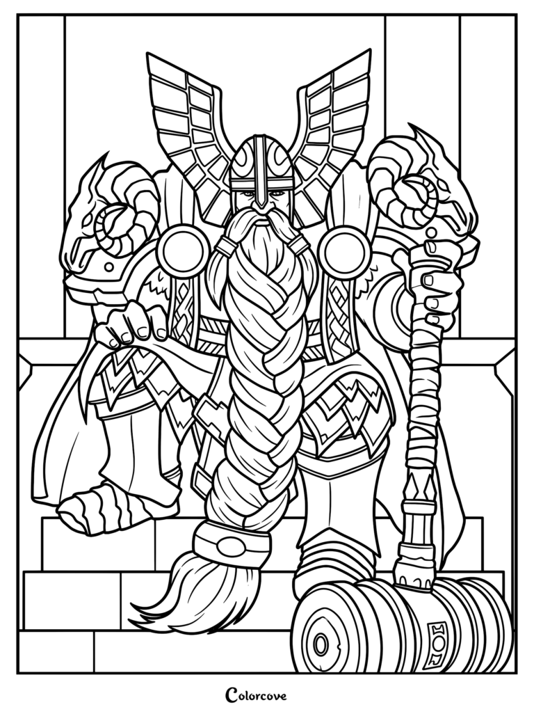 A detailed coloring page of a bearded dwarf king wearing a winged helmet and ornate armor, holding a large war hammer while sitting on a stone throne.