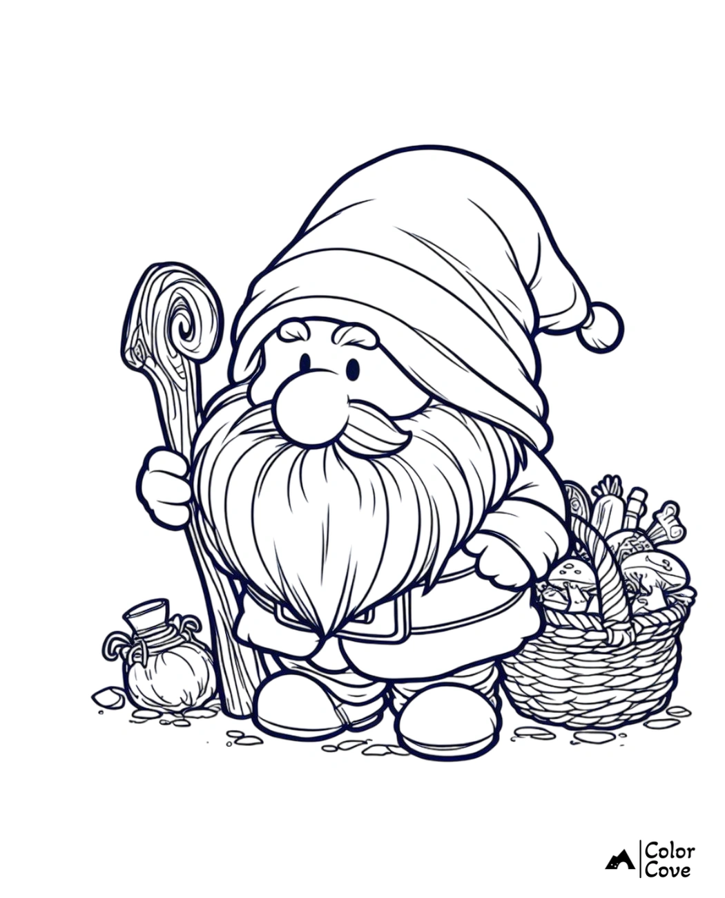 Coloring page of a gnome with a large beard, holding a staff, beside a basket of mushrooms and a potion bottle.