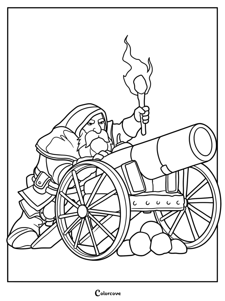 A bearded dwarf soldier holding a flaming torch next to a large wheeled cannon, printable coloring page.
