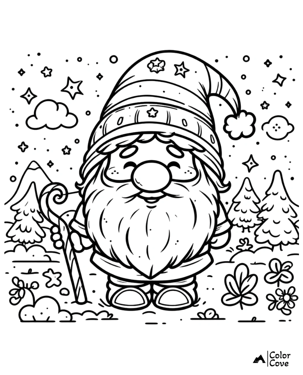 Coloring page of a cute gnome with a candy cane in a snowy landscape, surrounded by trees, stars, and flowers.