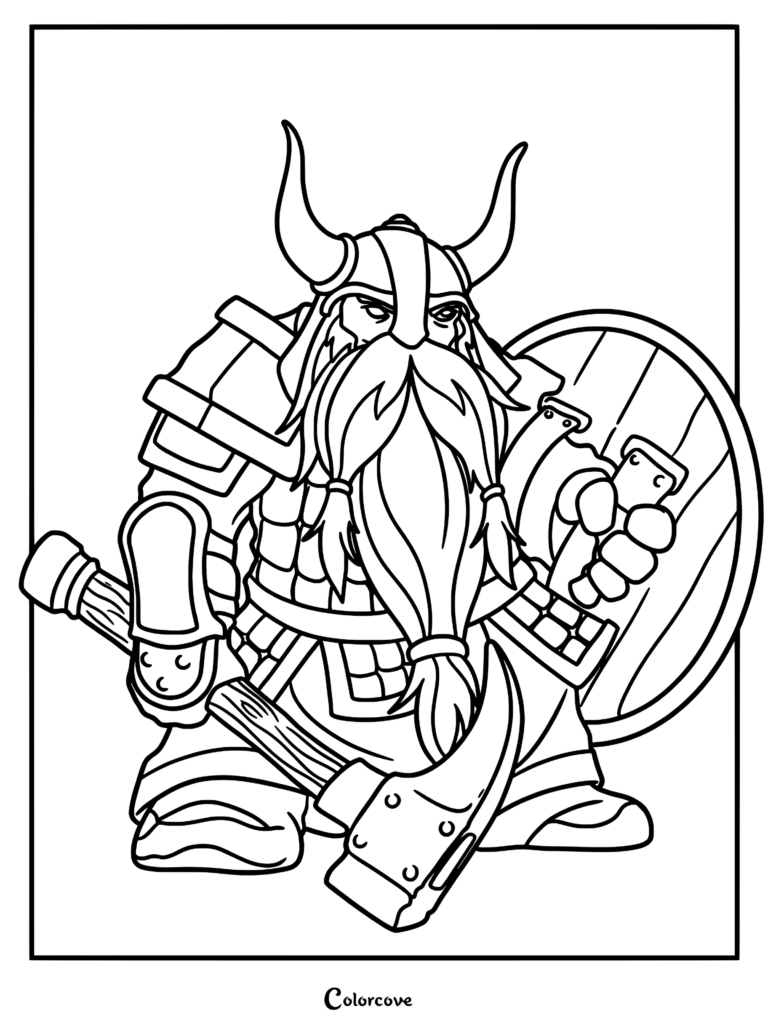 A fierce Viking dwarf warrior wearing a horned helmet, holding a battle axe and a round wooden shield, depicted in a detailed line art coloring page.