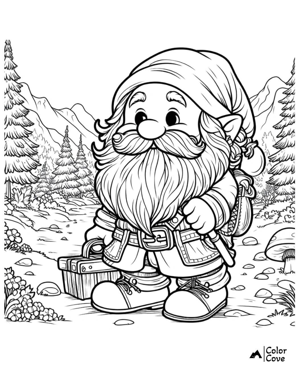 Cute gnome coloring page: forest background, detailed character with backpack, suitcase, and big beard. Fun printable art.