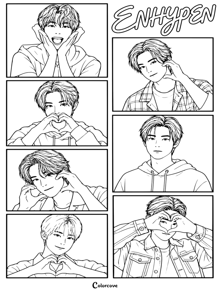 Una página para colorear para imprimir con un collage de la boy band surcoreana ENHYPEN de su era de XO Only If You Say Yes.