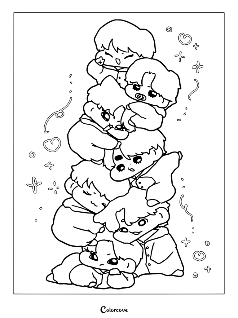 Página para colorear de ENHYPEN con una linda ilustración de fan art al estilo chibi de los miembros apilados unos encima de otros