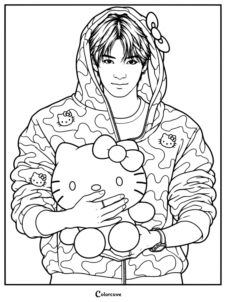 Una página para colorear de Heeseung de ENHYPEN vistiendo una sudadera con capucha de camuflaje de Hello Kitty y sosteniendo un peluche.