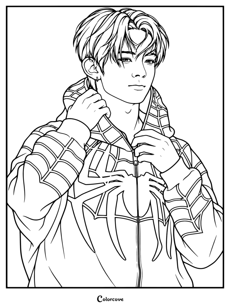 Una página para colorear de ENHYPEN para imprimir con Heeseung vistiendo una sudadera con capucha y cremallera inspirada en Spider-Man.