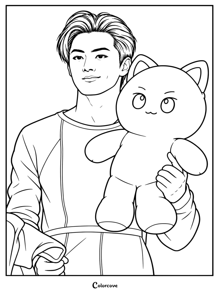 Una página para colorear para imprimir de Jay de ENHYPEN sosteniendo un peluche de gato gris.
