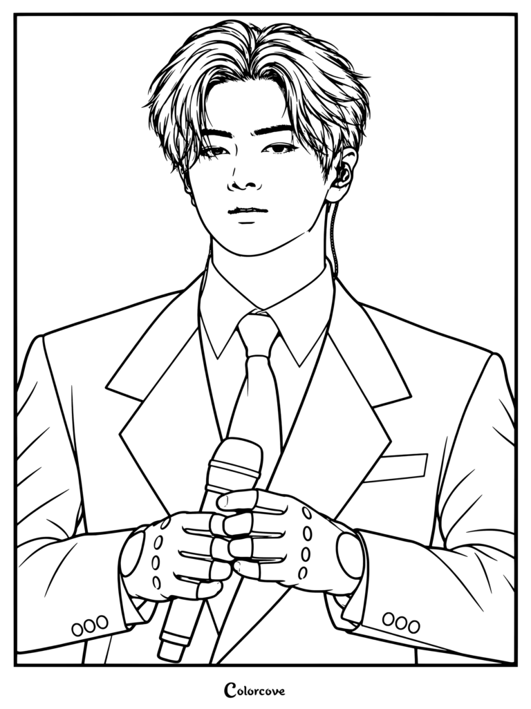 Página para colorear para imprimir de Jay (Park Jongseong) de ENHYPEN vistiendo un traje negro, camisa de vestir blanca, corbata negra y guantes de cuero sin dedos, sosteniendo un micrófono.