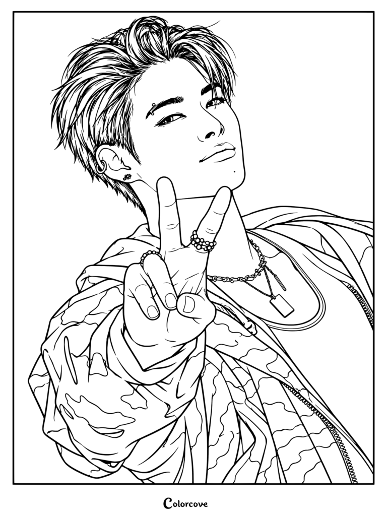 Página para colorear de Ni-Ki (Nishimura Riki) del grupo de K-pop ENHYPEN, que lo muestra haciendo la señal de la paz mientras viste una chaqueta gris con patrón de camuflaje sobre un top negro.