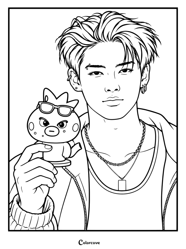 Una página para colorear para imprimir de Ni-Ki del grupo de K-pop ENHYPEN sosteniendo a Pu-Ni, un personaje amarillo oficial de la línea ENCHIN de ENHYPEN.