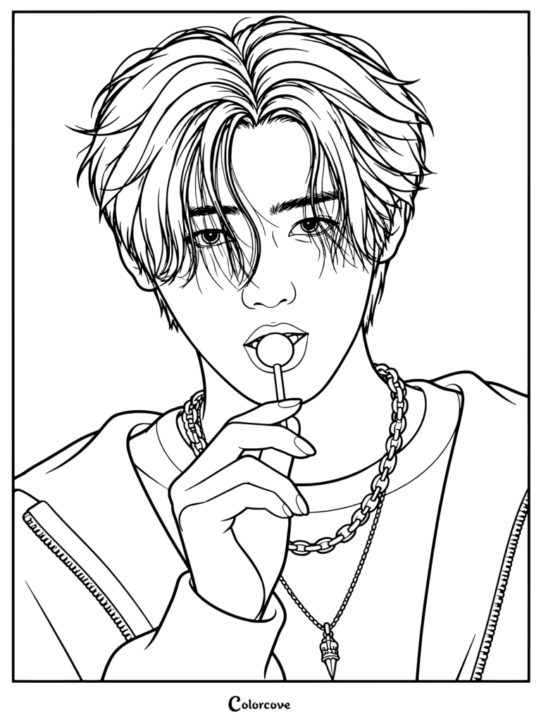 Página para colorear de Sunghoon de ENHYPEN que lo muestra sosteniendo una paleta en los labios con collares de cadenas en capas.