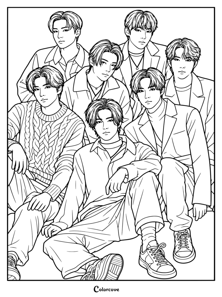 Una página para colorear que representa a la boy band surcoreana ENHYPEN posando junta con ropa informal.