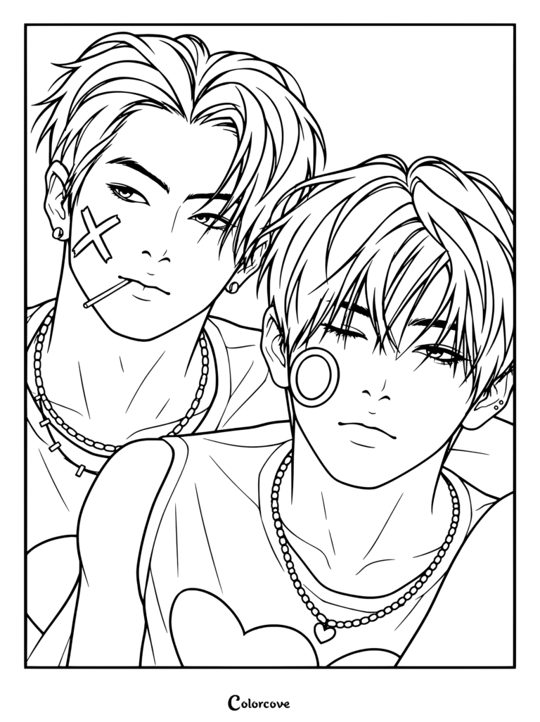 Página para colorear de ENHYPEN de Jay y Sunghoon con arte lineal detallado de los dos miembros de K-pop con collares y vendas en la cara.