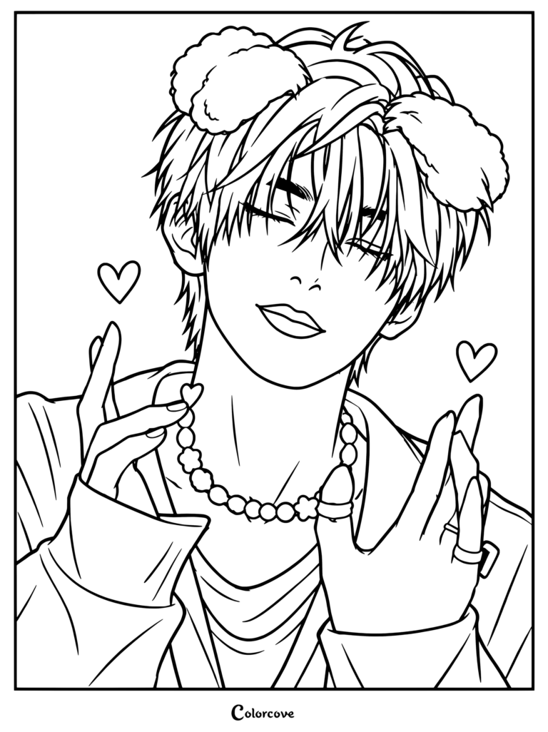 Una página para colorear de ENHYPEN para imprimir con Park Sunghoon con cabello oscuro, orejeras esponjosas, un collar de cuentas y detalles de corazones.