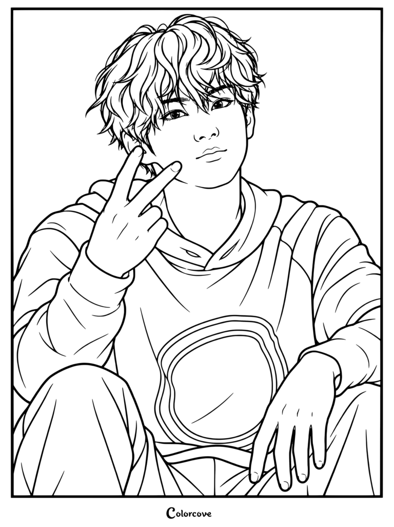 Página para colorear para imprimir de Jungwon de ENHYPEN con una sudadera con capucha, haciendo un signo de V, del detrás de escena del boceto fotográfico de ROMANCE UNTOLD -daydream- (versión BLUE NOON).
