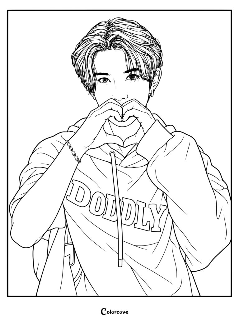 Página para colorear gratuita de Heeseung de ENHYPEN haciendo un corazón con la mano durante su actuación en Studio Choom para XO (Only If You Say Yes).