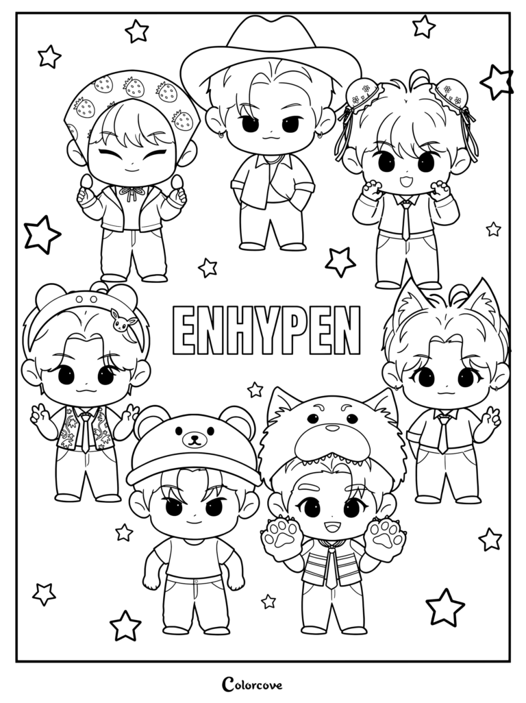 Una página para colorear para imprimir con una ilustración de fan art en estilo chibi del grupo de K-pop ENHYPEN.