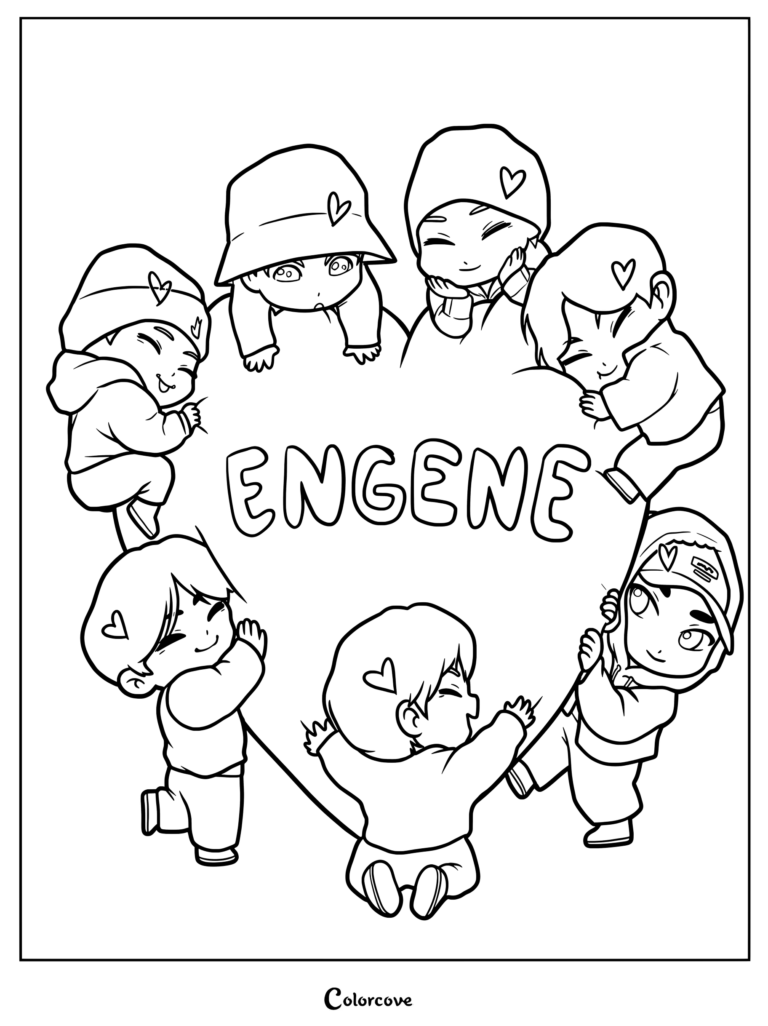 Página para colorear de ENHYPEN con fan art en estilo chibi de la boy band surcoreana abrazando un gran corazón que dice ENGENE.