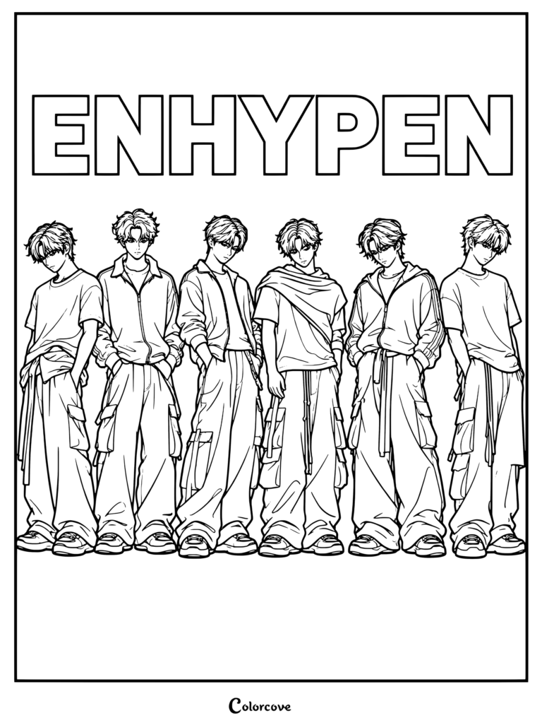 Página para colorear de ENHYPEN con ilustraciones al estilo anime de los miembros del grupo de K-pop con elegantes conjuntos deportivos y tops blancos inspirados en la era de THE SIN BLISS.