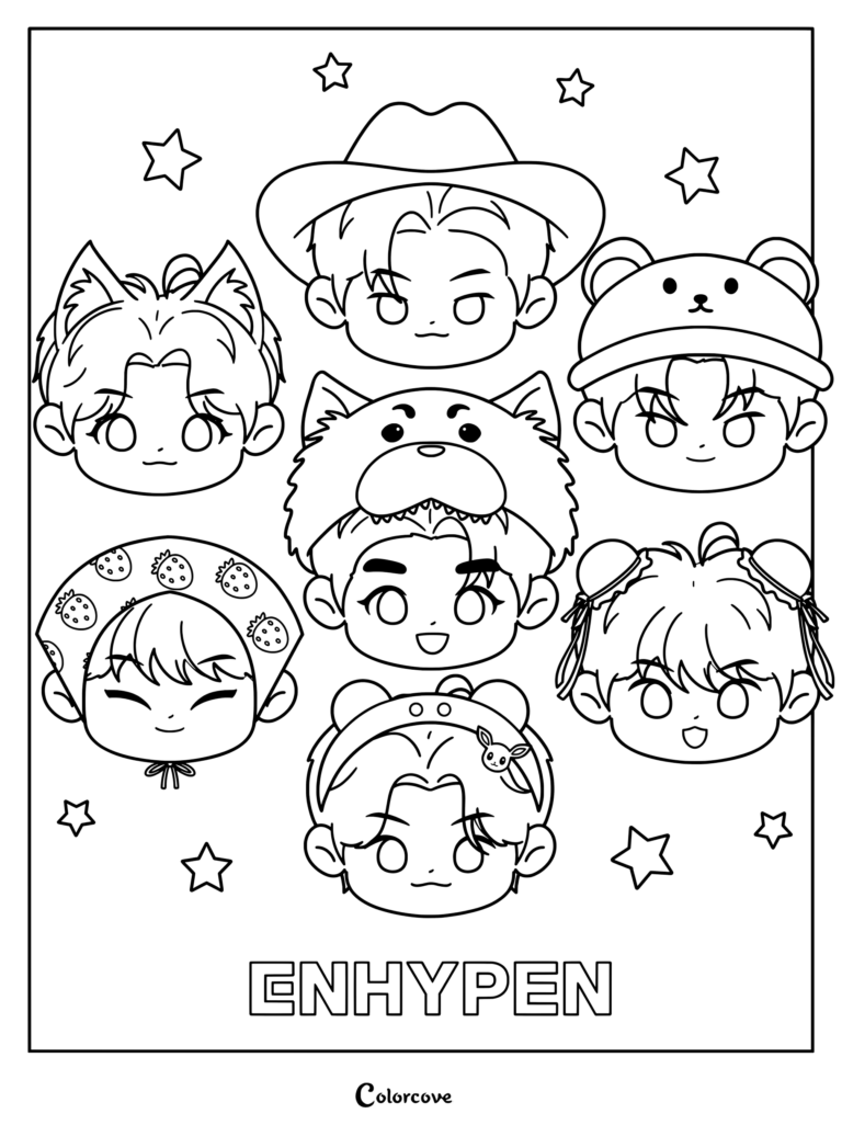 Esta imagen es una ilustración de fanart al estilo oficial del grupo de K-pop ENHYPEN dibujada en un lindo estilo chibi para página para colorear con los miembros usando varios sombreros de animales divertidos y accesorios rodeados de estrellas.