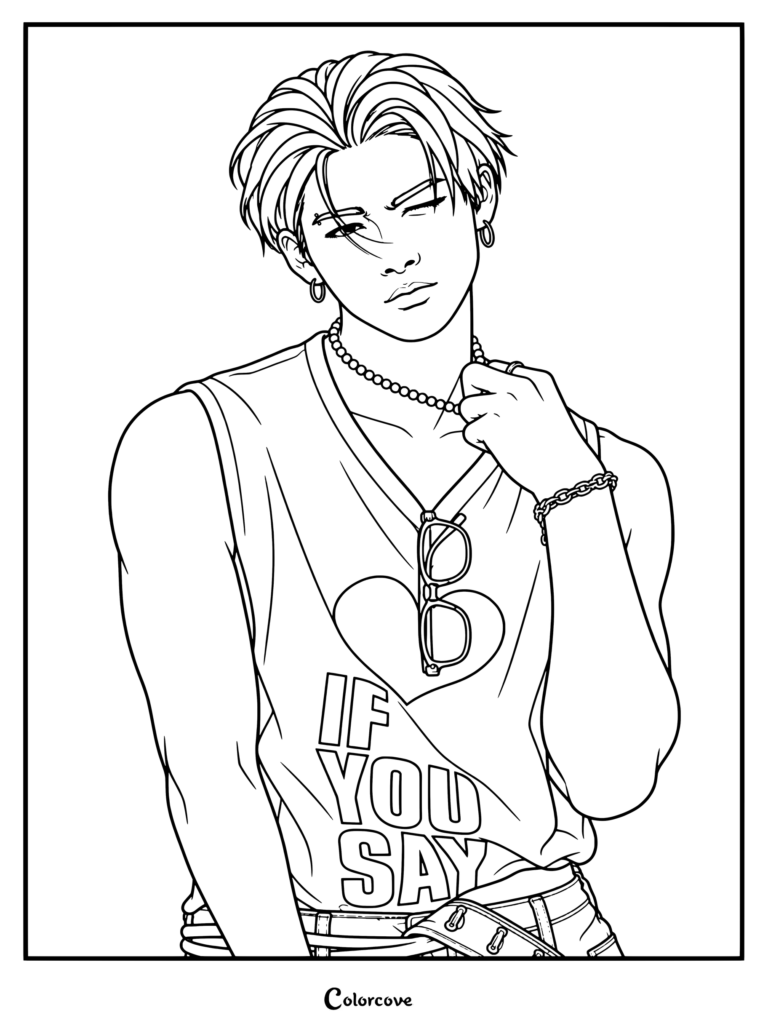 Página para colorear de Ni-ki de ENHYPEN que lo muestra con una camiseta sin mangas blanca con estampado gráfico, un corazón rojo y el texto IF YOU SAY de la sesión de fotos conceptual de ROMANCE UNTOLD Inceptio Ver.