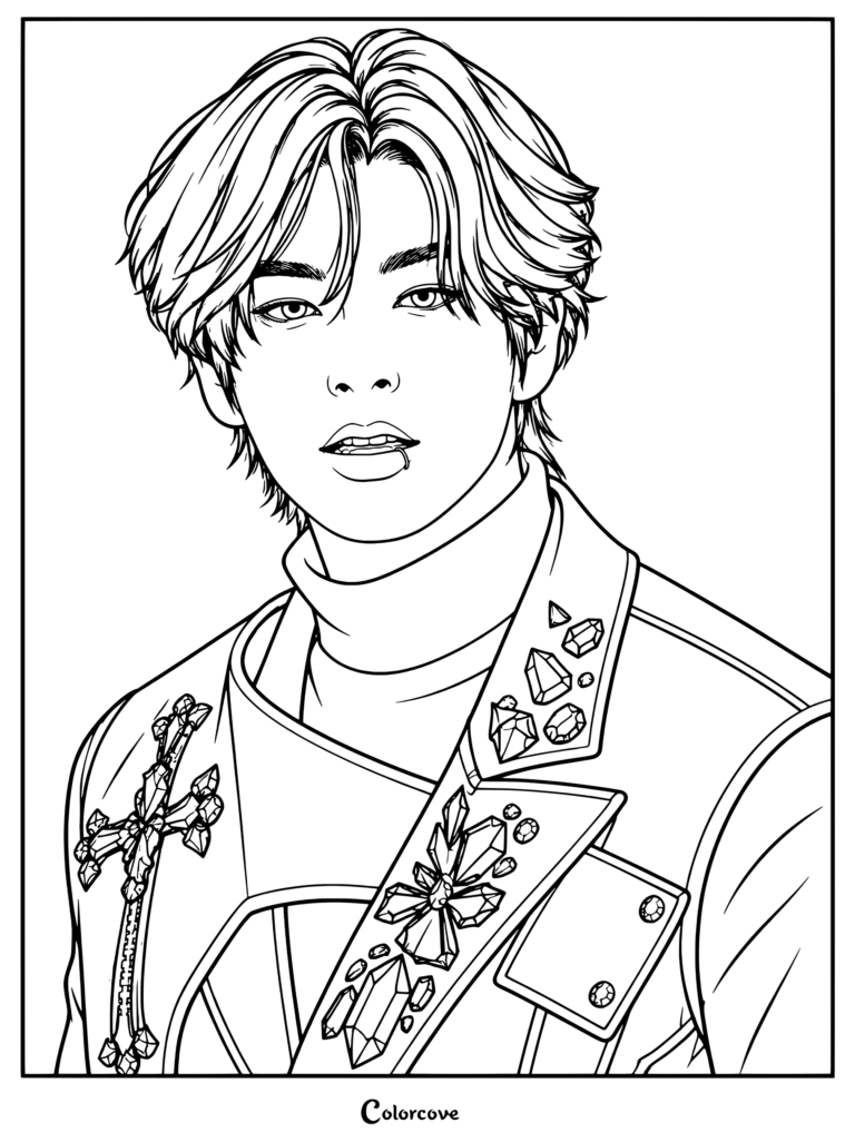 Página para colorear gratuita de ENHYPEN con Jake (Sim Jaeyun) vistiendo una chaqueta adornada con cristales y un aro en el labio.