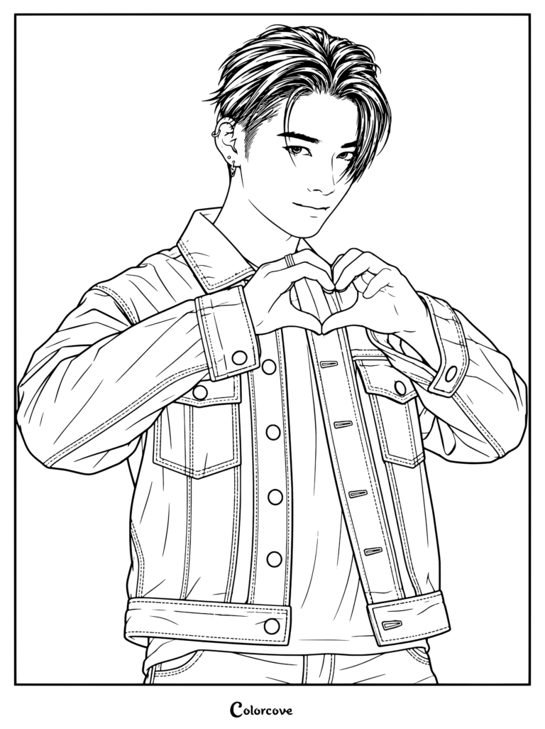 Página para colorear gratuita para imprimir de NI-KI de ENHYPEN haciendo un gesto de corazón durante la actuación de XO Only If You Say Yes en STUDIO CHOOM.